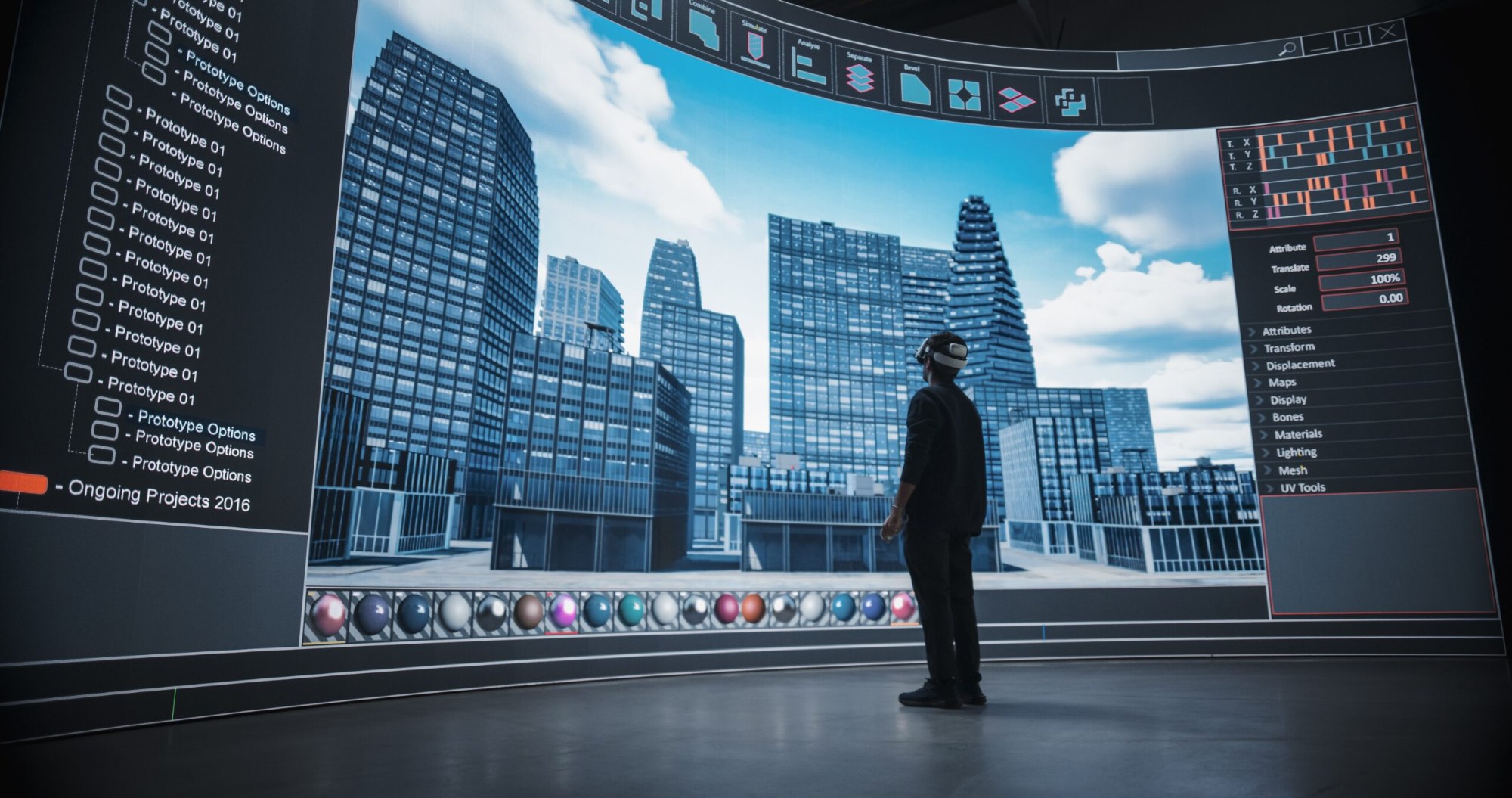 Professional viewing a digital smart-city building display