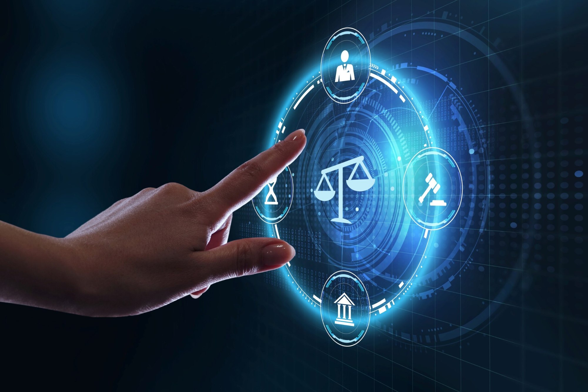 Digital scales of justice icon representing CompuOne's law firm IT and data security services