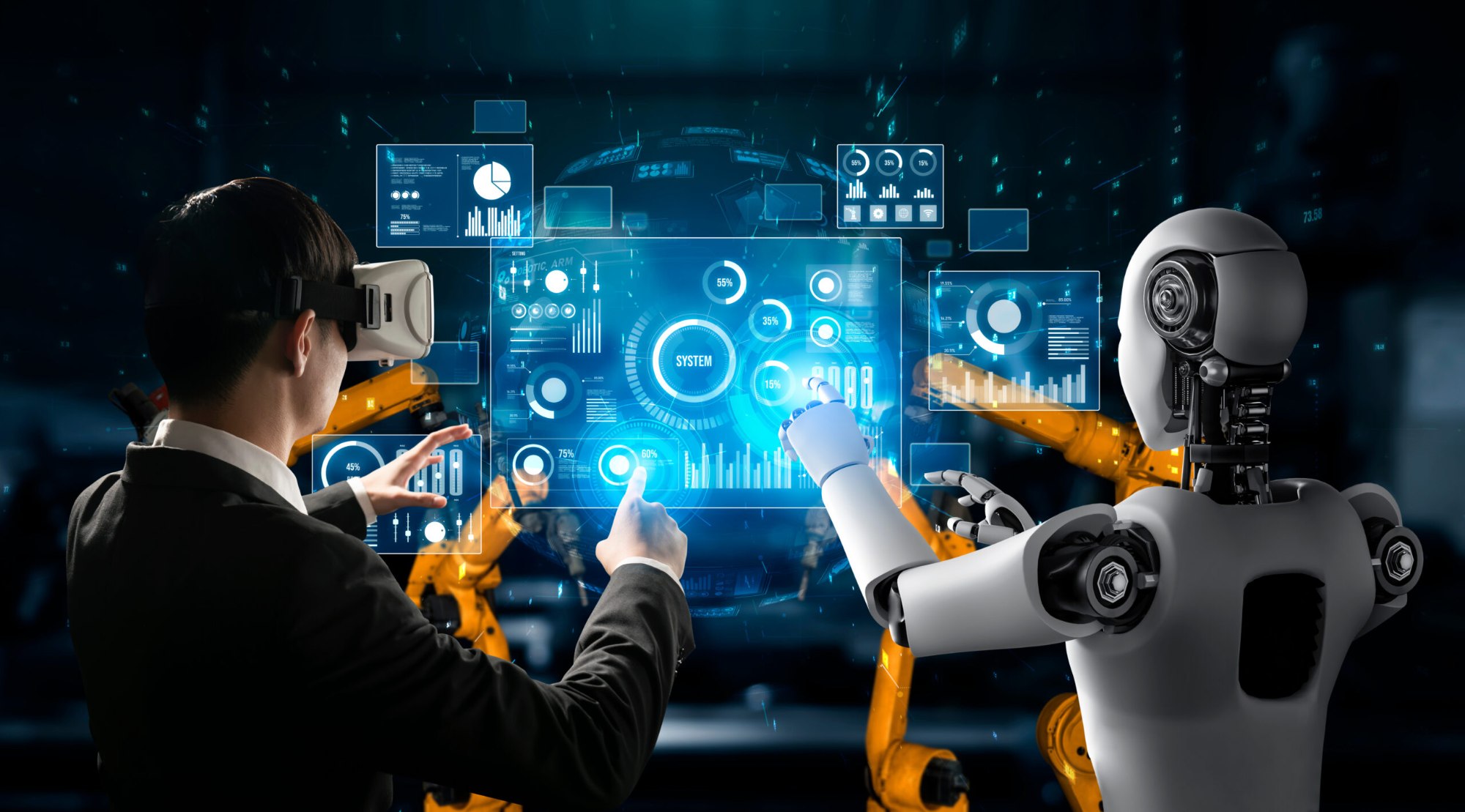 Businessman collaborating with robotic automation technology