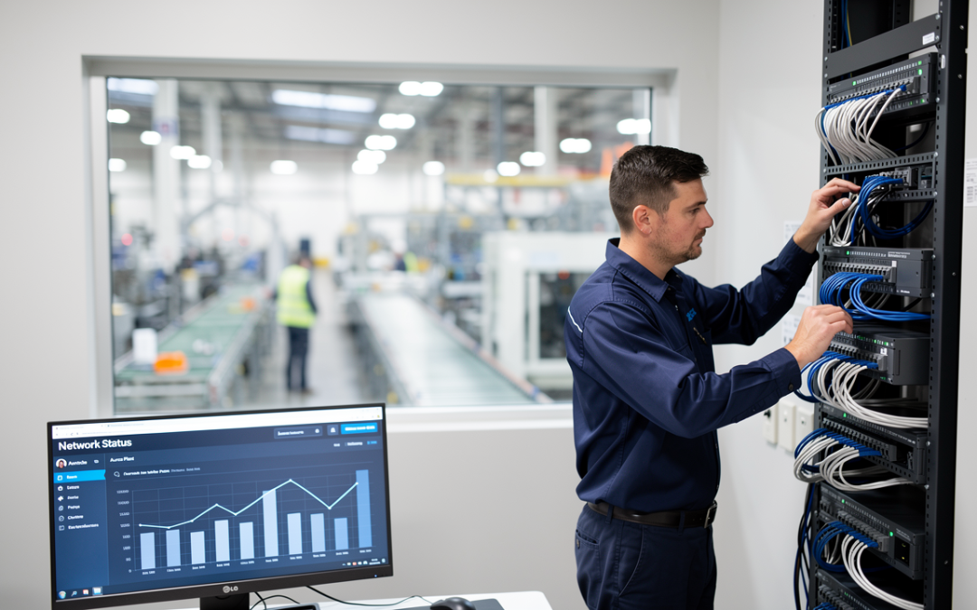 IT technician setting up network equipment at an Aurora manufacturing facility