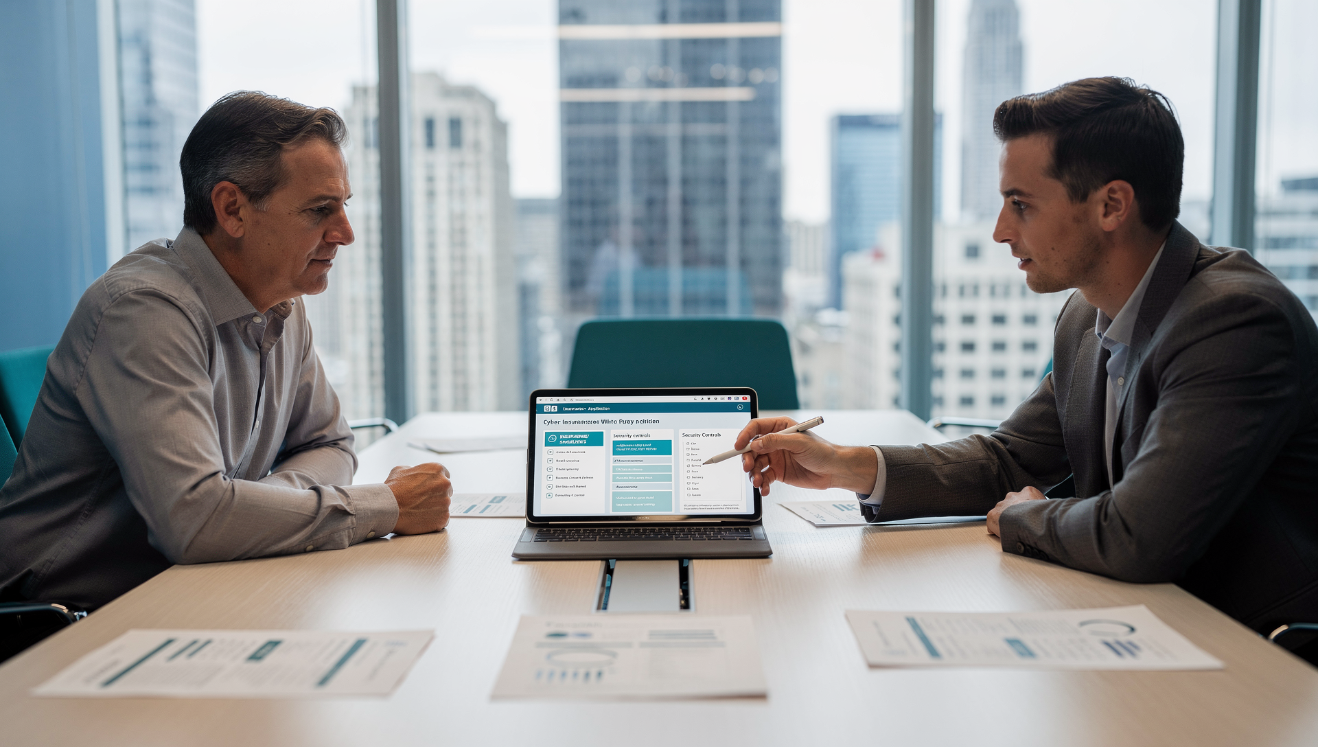 Business owner reviewing cybersecurity insurance requirements in Chicago