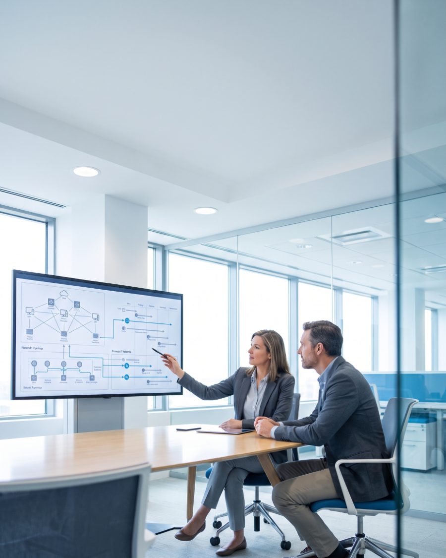 IT consultants reviewing a network roadmap with a business owner