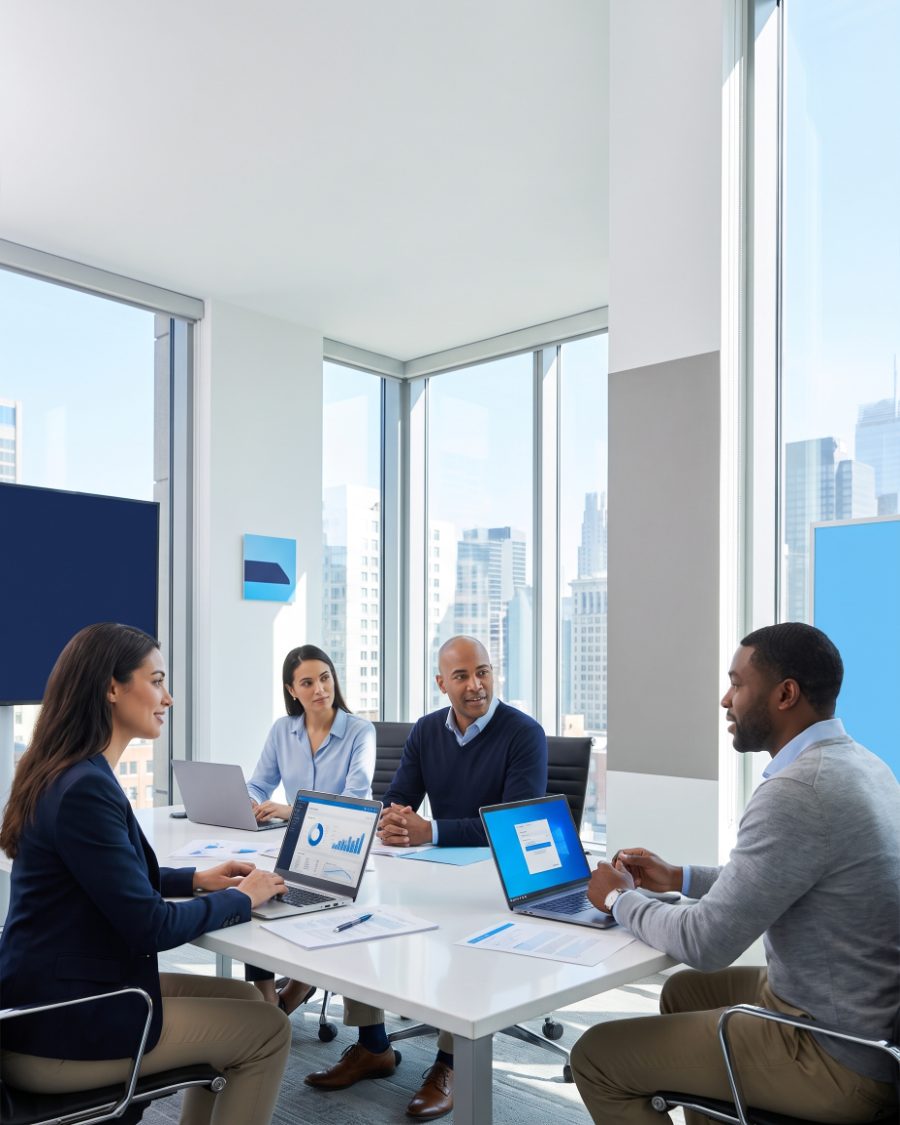 Business team reviewing an IT onboarding plan together in a bright boardroom