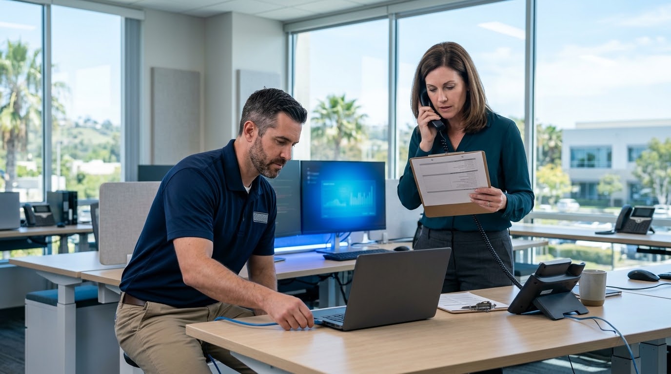 IT technician isolating a laptop during an incident response checklist in a San Diego office