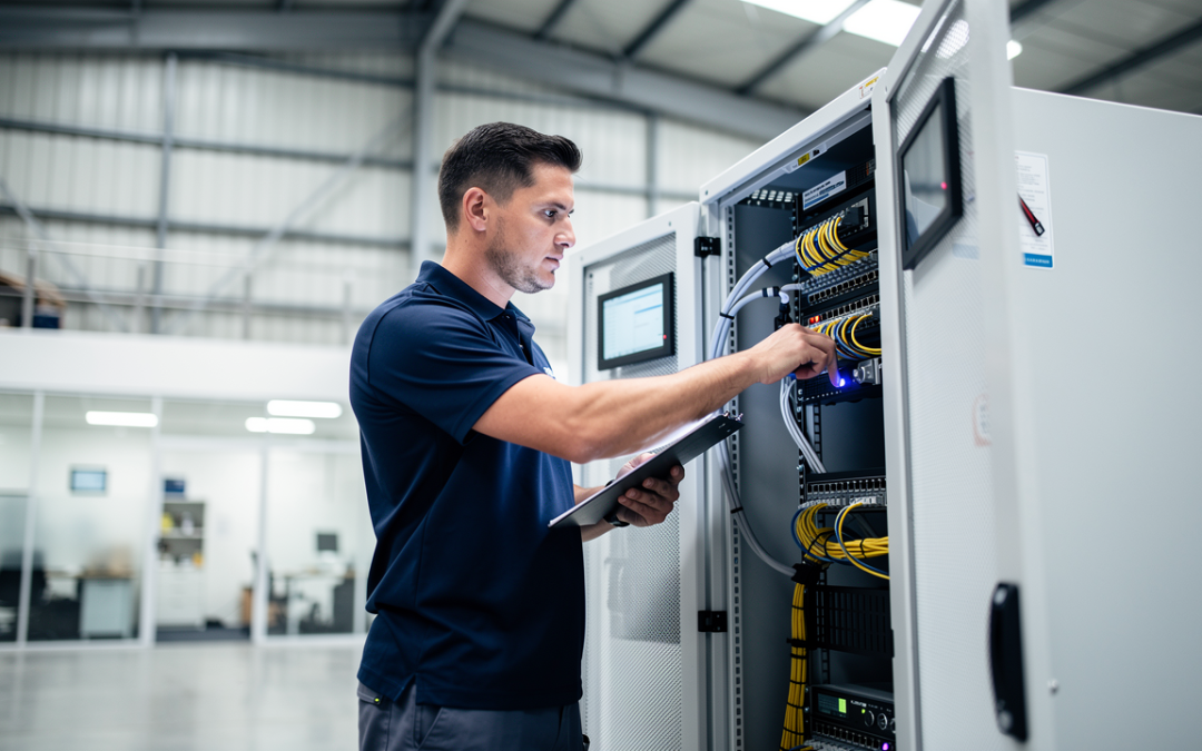 Technician servicing a network rack in a Kearny Mesa warehouse