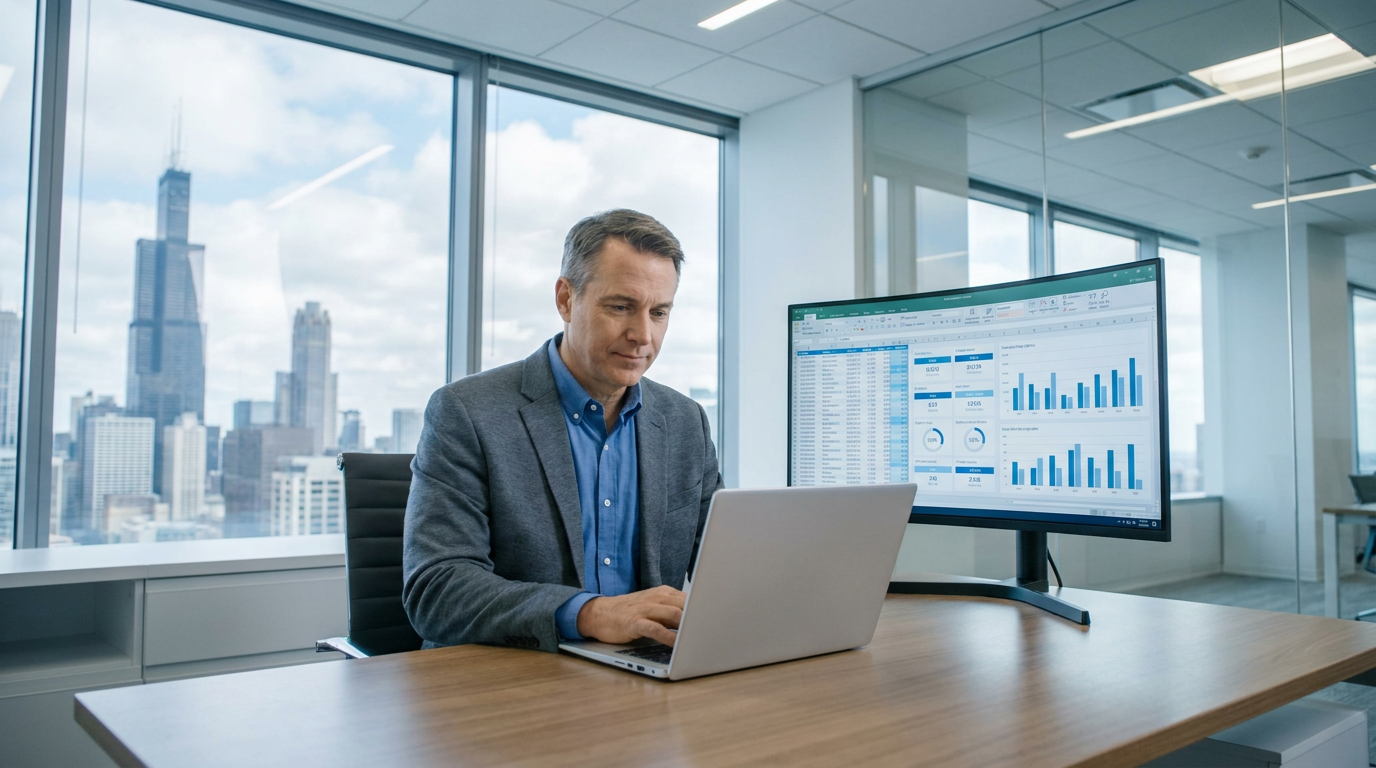 Business owner reviewing managed IT services costs in Chicago