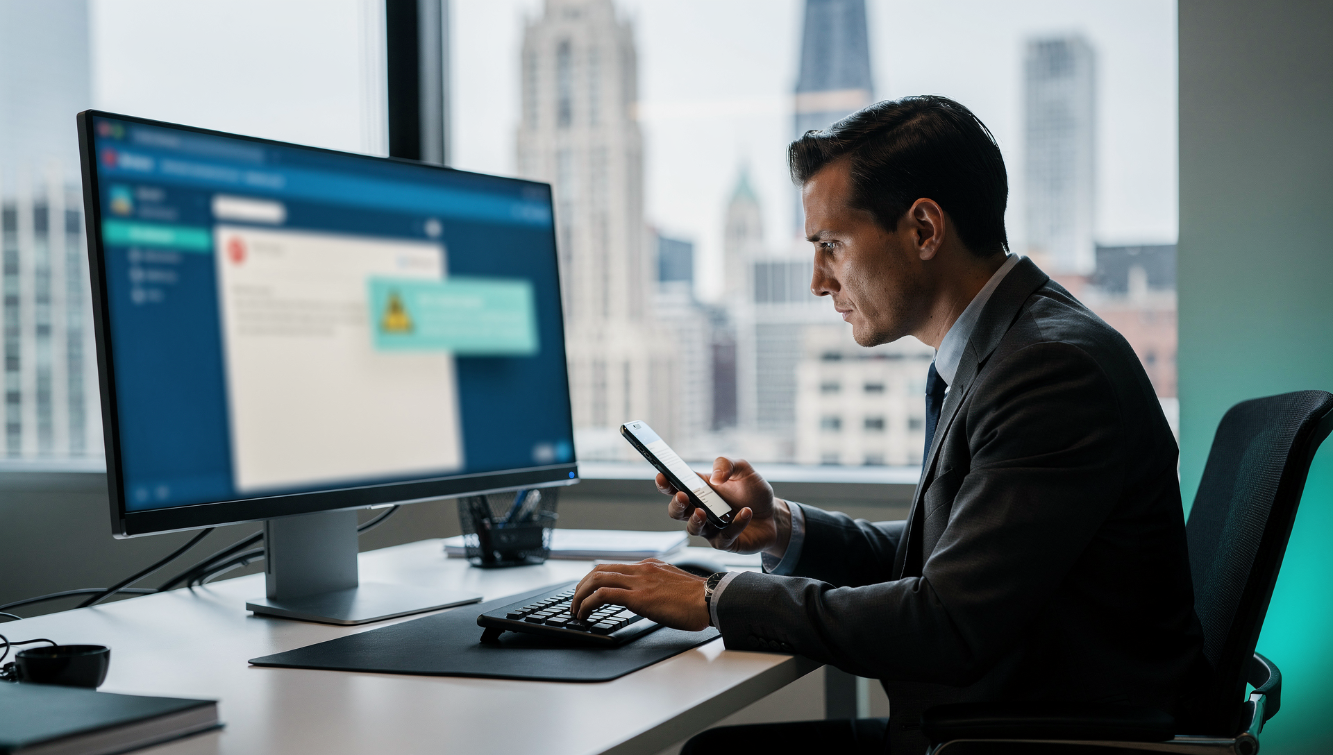 Employee spotting a phishing email on a computer screen in a Chicago office